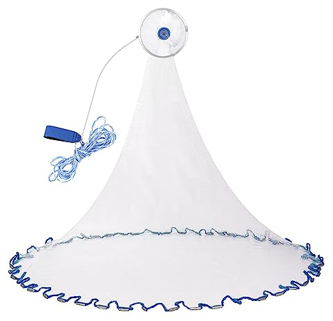 Cocoarm Fischernetz Hand Überwurf Angelnetz aus Nylon Angeln Net Tragbares Erweiterbar Nylon Mesh Net mit 8m Hand String Schwere Ring 3 Durchmesser