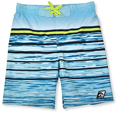 LAGUNA Boys UPF 50 Boys Stripe Drawstring Boardshorts Swim Trunks, Blue Atoll Lime Green Stripe, 10/12