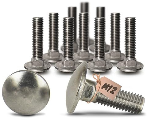 PROTECH 10 Stück Schlossschrauben M12 - DIN 603 - M12x25 - ISO 8677 Vollgewinde Flachrundschrauben aus rostfreiem Edelstahl A2 mit Vierkantansatz