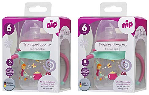 NIP Trinklernbecher Doppelpack Trinklernflasche 150ml, ACTIFLEX-System Anti-Kolik Ventil, 6+ Monate GIRLS, BPA frei, 2er Pack, made in Germany