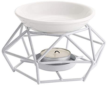 BSTKEY Duftlampe aus Metall und Keramik, Schmelzwachslampe, Kerzenhalter, Duftdiffuser, Dekoration für Zuhause, aus Eisen, im Rauten-Stil, Aromatherapie-Lampe (Weiß)