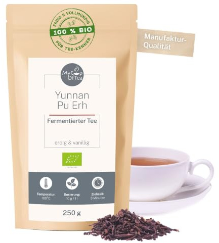 MyCupOfTea Yunnan Pu Erh Bio Tee lose, fermentiert, 250 g | Postfermentierter Puerh aus der Provinz Yunnan, erdig und bitter-süß, angenehm nach reichhaltigen Mahlzeiten