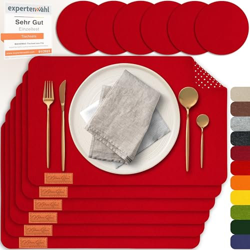 MAHEWA 6er Set Premium Tischset Platzset aus Filz rutschfest Ab-waschbar und Waschmaschinenfest Eckige Platzdeckchen Teller-Untersetzer Filzset Tisch-Matten Platz-Matten (Rot, 6er Set)