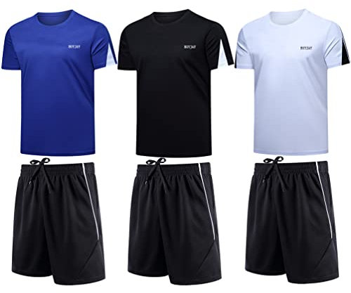 BUYJYA Herren-Trainingskleidung, athletische Shorts und Shirt-Set, 3er-Pack, für Basketball, Fußball, Training, Laufen, Fitnessstudio, Schwarz-Weiß-Blau, X-Large
