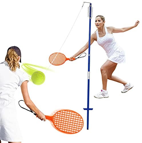 COSTWAY 3-stufig höhenverstellbares Tetherball Set, Twistball Set inkl. Ball|2 Schlägern|120cm Schnur, Tennisball an Schnur, Tennis Spiel für Solo und Team