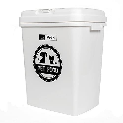 40L/15KG Airtight Pet Food Container - Animal Dry Food Dispenser Bin | Lid With Rubber Seal | Flip Top Locking System With Integrated Scoop | Perfect For Storing Dried Pet Food & Bird Seed - White