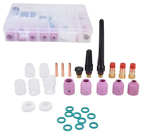WIG-Schweißteile, Düse Elektrode Spannzange Glasbecher Unterlegscheiben-Rückenkappen-Kit mit Aufbewahrungsbox für WP‑17 WP‑18 WP‑26