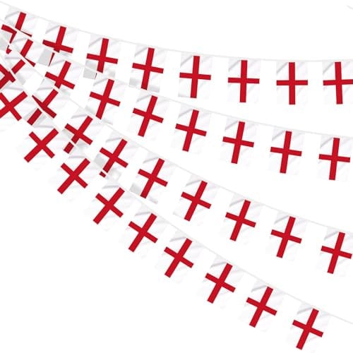 AhfuLife England St George Bunting for St. George's Day Decorations, 30pcs Flags Double Sided Fabric England Bunting for Rugby Football World Cup Six Nations Party Decor (14 x 21 cm - 10m, 1 Pack)
