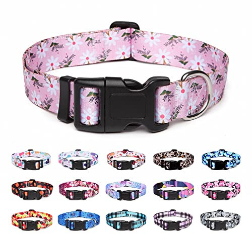 Suredoo Adjustable Nylon Dog Collar with Patterns, Soft Comfy Pet Collar for Small Medium Large Dogs (S, Pink White Flower)