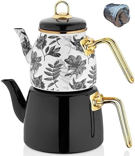 Vintage Turkish Teapot Tea Pots Kettle Set for Stovetop Stove Top Decorative Infuser Party Cups Glasses Floral Unique Boiler Samovar Strainer Loose Leaf Kitchen Style Enamel Decor (White-Black)