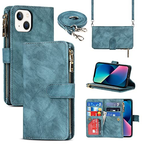 CAVOR Handykette HandyHülle kompatibel mit iPhone 13 Hülle Mit Band,Flip Leder Geldbörse Hülle,[9 Kartenfach][Doppelte Schnalle],Umhängeband Handytasche kompatibel mit iPhone 13 - Hellblau