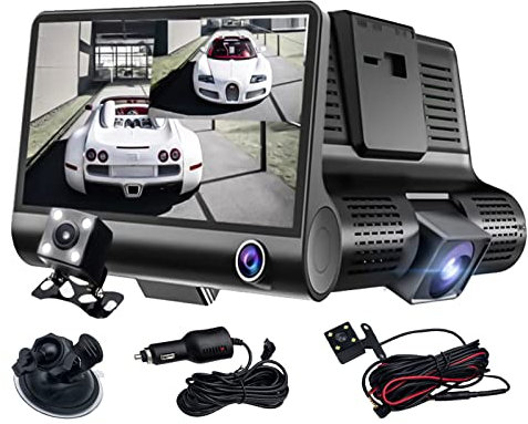 Car HD Dash Cam, Baceyong 4'' Rearview Reversing Vedio Camera with G-Sensor Front/Rear/Inside Camera, 170° Wide Angle Lens Automatically Recording Dash Cam