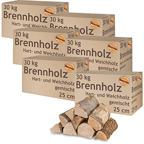 Brennholz Gemischt Kaminholz 180 kg Buche Eiche Birke Kiefer Fichte Holz Für Ofen und Kamin Kaminofen Feuerschale Grill Feuerholz 25 cm Wood Kammergetrocknet Flameup