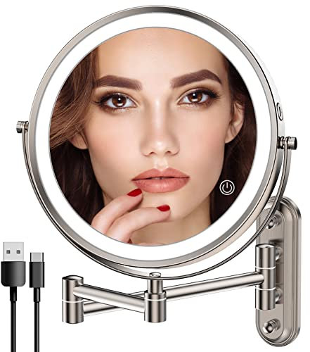 Rocollos Espejo de Maquillaje Iluminado Recargable, Espejo de Tocador con 3 Luces de Color, Pantalla Táctil Regulable, LED de 8'' Doble Cara 1X10X Aumento Giratorio de 360 ° (Níquel)