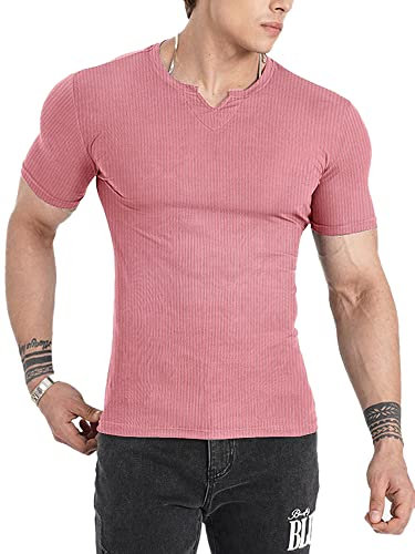 Muscle Cmdr Tee Shirt Manche Court Homme Coupe ajustée Business Shirt,T-Shirt Côte,Chemise à Col V（Rose XS）