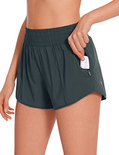 CRZ YOGA Damen High Waist Running Shorts Gym Sporthose Mesh Innenhose Schnelltrocknend Kurz Hose mit Zip Tasche - 6.4cm Melanit 38