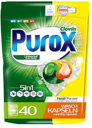 PUROX UNIVERSAL Detergente Lavadora Cápsulas (40 Lavados) – para todo tipo de tejidos, elimina manchas, protege colores, totalmente enjuagable, ecológico, Doypack