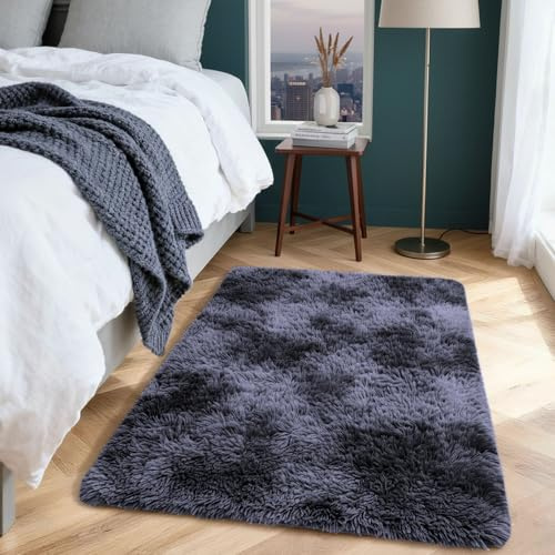 Aspire Homeware Rugs Living Room - Dark Grey Area Rugs for Bedroom Anti Slip - Modern Super Soft Thick Pile Fluffy Shaggy Rug Non Shedding (Tye-Dye Grey, 60x110 cm)