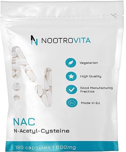 NAC 600mg - 180 Kapseln - 6 Monatsvorrat (N-Acetyl-L-Cystein, N Acetyl Cystein, Acetylcystein) Vegan, Allergen und Gluten Frei | Hergestellt in ISO-Zertifizierten Betrieben | Nootrovita