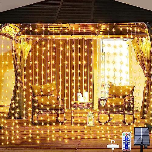 Dekofun Solar Lichtervorhang Aussen 300 LED 3 x 3m Solar Lichterkette Vorhang mit Fernbedienung, 8 Modi Und Timer, Wasserdicht Solar Lichterketten für Pavillon Terrassen Garten Außen Deko