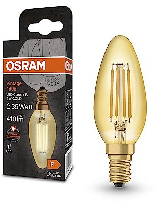 OSRAM Vintage 1906 Classic B FIL LED-Lampe, E14, klassische Minikerzenform, gold, 4W, 410lm, 2400K, warmweiße Komfortlichtfarbe, sehr geringer Energieverbrauch, lange Lebensdauer