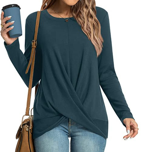 HOTGIFT Winter Womens Tunic Long Sleeve Casual Tops Loose Comfy Tee Crewneck Tshirts Grey Blue Medium