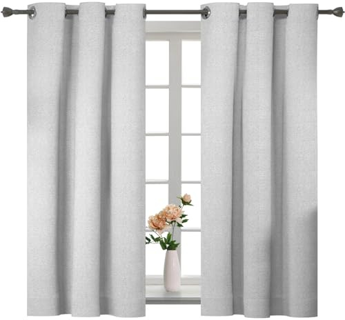 YSTELLAA 100% Gardinen Blickdicht 2er Set, 117×137cm,Thermovorhang Leinenoptik Kälteschutz, Schallschutz Gardinen Mit Ösen, Verdunklungsvorhänge Wohnzimmer, Schlafzimmer, Grau Weiß