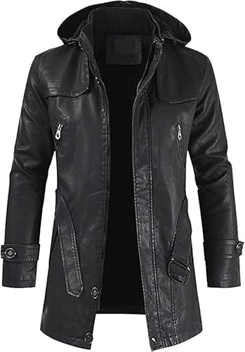 Sohodoo Mens Leather Jacket 3/4 Length Faux Leather Fur Coat Warm Winter Long PU Leather Jacket Lined Duster Trench Coat (Color : Black, Size : 3XL)