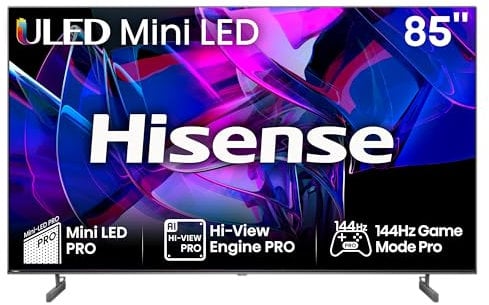 Hisense 85U7KQ (85 Zoll) Fernseher 4K Mini LED ULED HDR Smart TV, Quantum Dot, 120Hz, HDMI 2.1, Game Mode Pro, Dolby Vision IQ & Atmos, Bluetooth, Alexa Built-in, Anthrazit