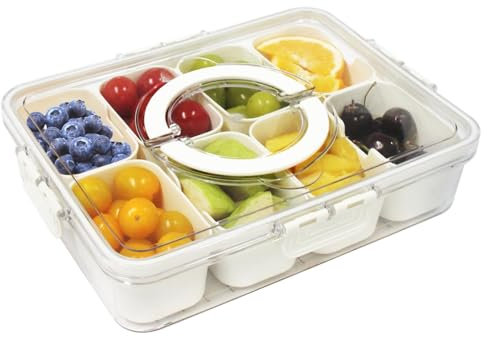Bigingjia Divided Serving Tray with Lid and Handle, Snack Tray&Spinner,Food Storage Container 8 Compartments Snackle Box for Fruit, Snacks, Cans, Spice,Multipurpose Divided Snack Boxes