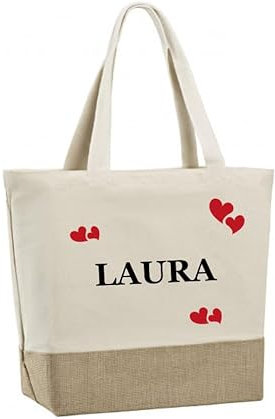 Grand Sac cabas personnalisé prénom, personnalisable en coton et toile de jute écologique avec fermeture zip personnalisé 49x35x17cm, cadeau, noël, femme, sac de plage, atelier français