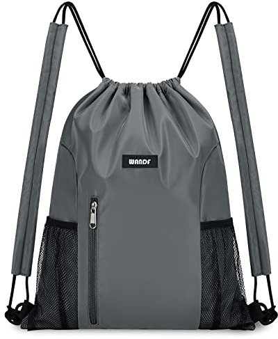 WANDF Kordelzug-Rucksack mit Schulterpolster, Sport-Gym-Rucksack mit Netztasche, Kordelzug-Rucksack für Damen und Herren (Grau)