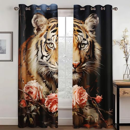 WEQEER Tiger Fenstervorhang Anime Wilde Tiere Vorhang Blickdicht Mit Ösen, 3D Druck Cartoon Vorhänge Für Kinderzimmer Schlafzimmer, 2 Panels (6,280x180cm(2x140x180cm))
