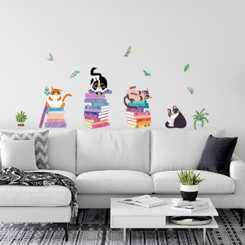SUPERDANT Wandtattoo Mit Katzen Zum Lesen Buntes Buch Pflanzen Wandsticker Wohnzimmer Kätzchen Kätzchen Wandsticker Kinderzimmer Dekorationen Wandaufkleber Arbeitszimmer Klassenzimmer Dekor