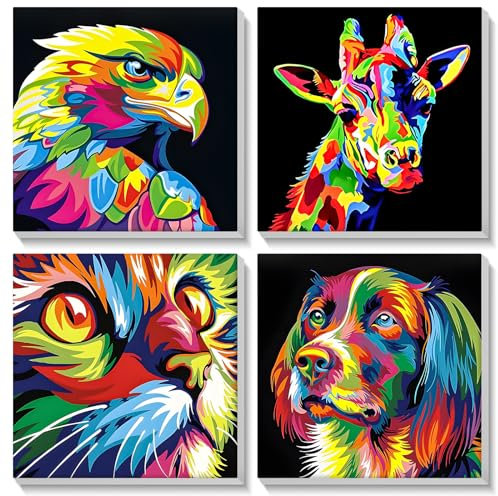 SENQAO Kit de peinture par numéros pour adultes débutants enfants, lot de 4 kits de peinture par numéros d'animaux colorés sur toile encadrée, couleur par numéros pour adultes et enfants pour la déco