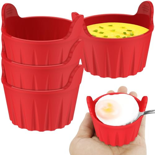 Air Fryer Egg Poacher Food Grade Silicone Poached Egg Cups Easy Release Round Ramekins for Air Fryer Muffin Tray Non-stick Heat-Resistant Silicone Baking Cup for Souffle Dishes Cupcakes Custard(Red)