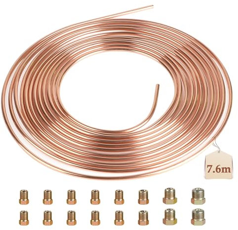 LALAGO Bremsleitungen, Bremsleitung aus Kupfer 7,6m Ø3/16 (4.75mm), mit 16 Verschiedene Größen Verbindungen, Einbaufertige Kupferbremsleitung, Bremsleitung Bördelgerät General Bremskit für Automobile