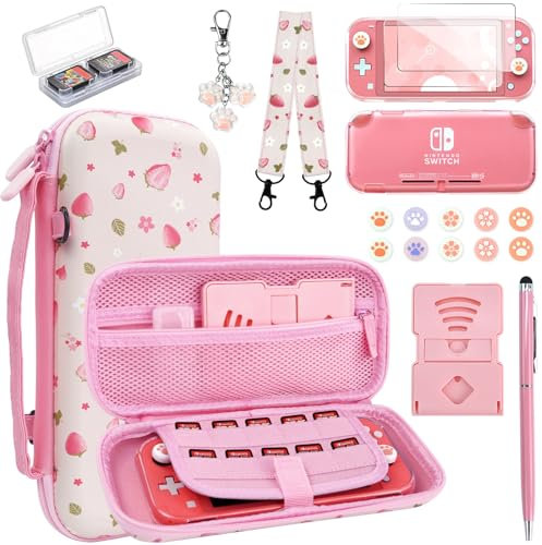 Switch Lite Protective Case 19 in 1 Accessories Bundle with Carrying Case, Switch Lite Carrying Case Travel Game Case with Screen Protector Cover, Humb Grips,Stand,Clear Case for Girls (Berry Pink)