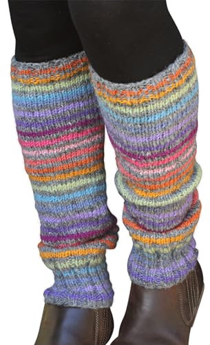Pachamama 100% Wool Legwarmer Handknitted Stripes Grey Multicoloured Regular Fit Handmade Extra Warm Fair Trade