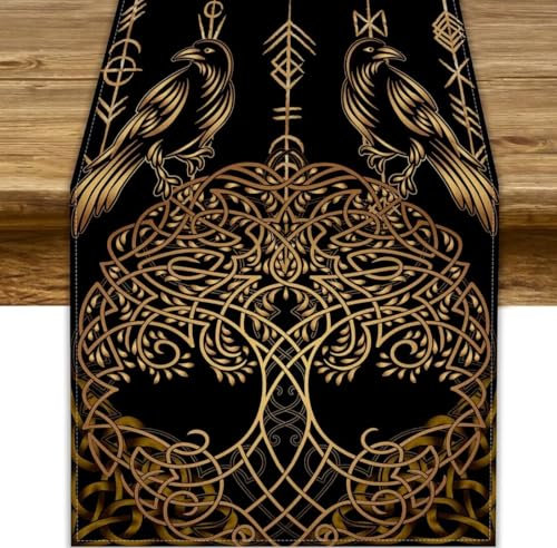 Chemin de table motif arbre de vie - Motif oiseaux viking dorés - Pour cuisine, salle à manger, mariage, fête de vacances, 33 x 152,4 cm