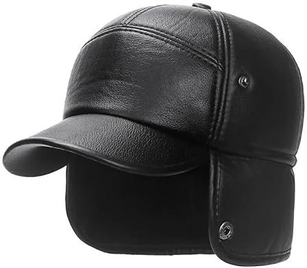 LiuliuBull Wintermütze Herren Russische Schwarze Ledermütze Mit Ohrenklappen Warme Leder Baseballmütze(Black)