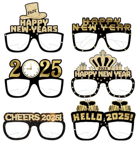 6 Stücke Silvester Deko 2025 Partybrillen,Silvester Brille Happy New Year 2025 Neujahr Deko Glitzern Schwarz Gold Papier Brille Party Foto Requisiten for Kinder Erwachsene Silvester Party Zubehör