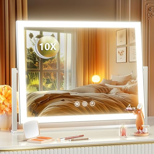 Gvnkvn Lighted Makeup Mirror, 17.3x13 Hollywood Vanity Mirror with Led Lights, Three Color Lighting Modes, and 10X Magnification Mirror, Smart Touch Control, 360°Rotation (White, Gift Box)