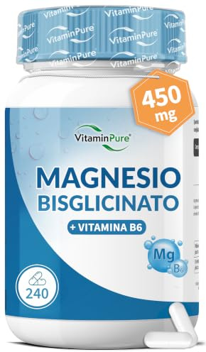 Magnesio Bisglicinato 450 mg con Vit B6, 210 Capsule - VitaminPure | Contribuisce alla Riduzione della Stanchezza e dell'Affaticamento, alla Normale Funzione del Sistema Nervoso, Made in Italy