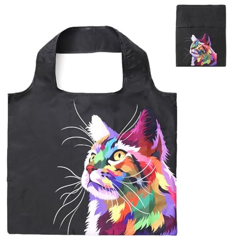 Lin’s Liliana große Einkauftasche faltbar 50x40cm, Handtasche mit Tierdruck, wiederverwendbar reißfest Einkauftasche handlich leicht Tasche für Einkauf Reise Ausflug (Schwarz Katze)