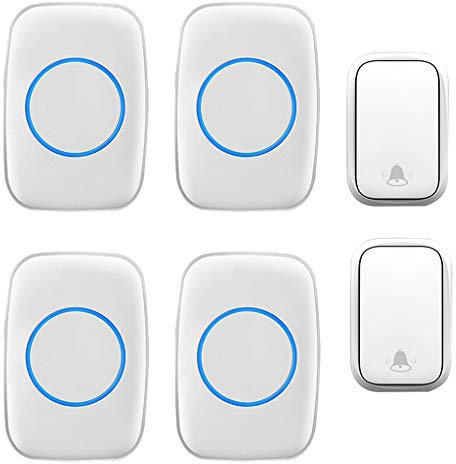 MOKLYF Wireless Doorbell,Waterproof Door Bell Chime Kit 2 Push Buttons And 4 Receivers with 490Ft Range 60 Chimes 5-Level Volume Plug in Doorbells,2 (2