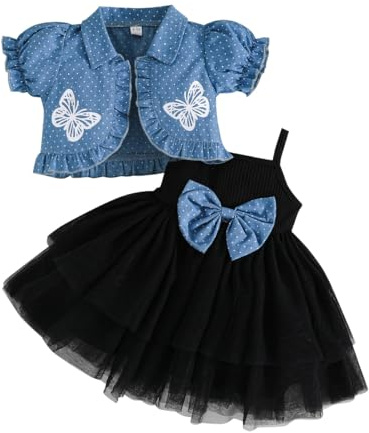 Yanmucy Bambino Bambina Vestito con Cardigan Set 2PCS Bambine Senza Maniche Tulle Tutu Vestito a Maniche Corte Polka DOT Ruffle Coat Top Outfits Abitini per Bambina
