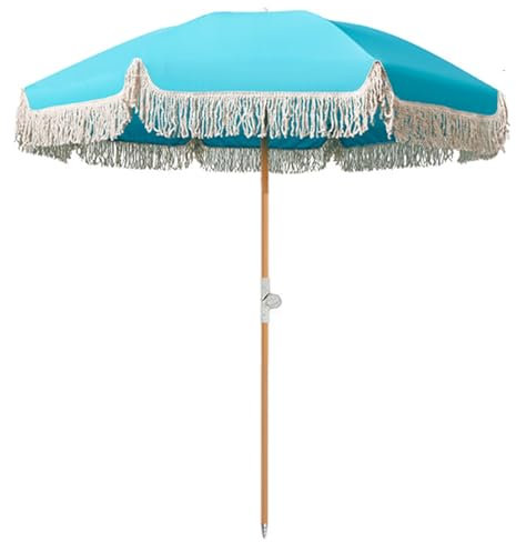 180cm Retro Tassel Garden Umbrella with Tilting Function Pink Striped Tassel Parasol for Beach and Patio Solid Wood Shaft UV Protection No Base Included