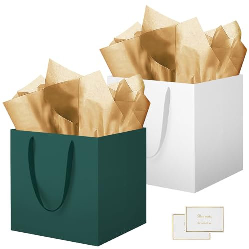 HONTIUS Geschenktüten Groß, 11.8 Quadratische Geschenktüten Geschenktüte xxl mit Taschentuch und Karten, Lächeln Geschenk Tüte Papiertüten mit Henkel 30 * 30 * 30cm Gift Bag Bags 2 Stück Grün Weiß