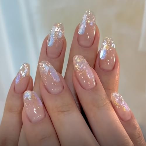 SXVME Nude False Nails Coffin, 24 Pcs Acrylic Press On Nails Medium Short Ballerina Fake Nails with 3D Nail Charm, Glitter, 12 Sets of 2 Pcs Each